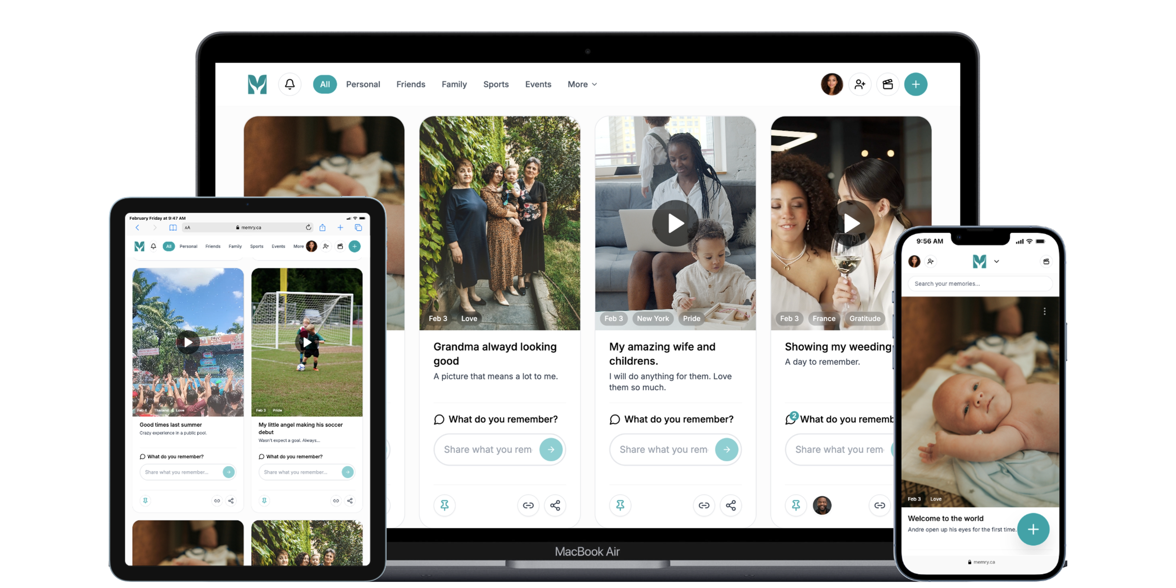 User interface of a social media app displaying family photos and video across tablet, laptop, and smartphone screens.
